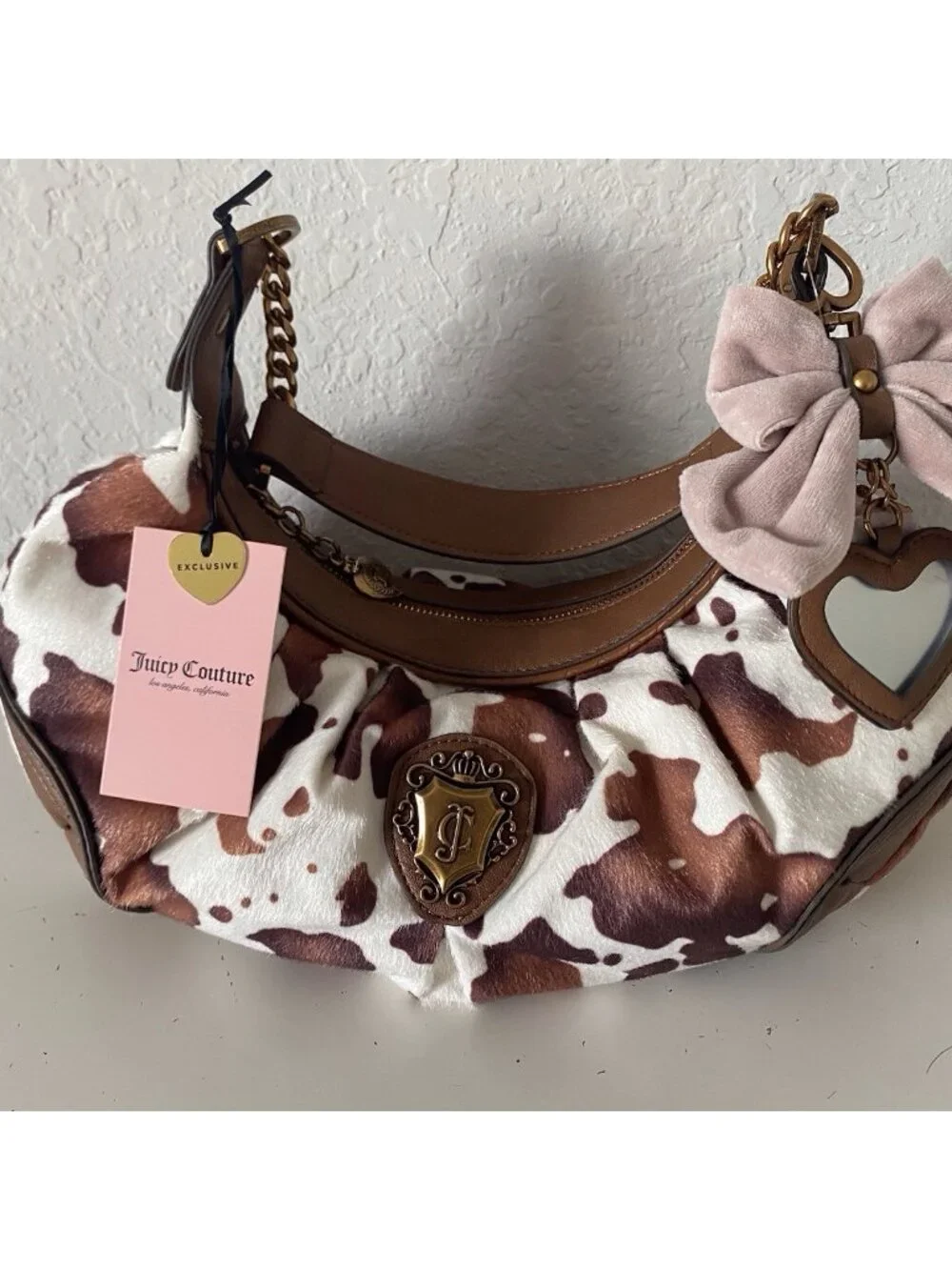 Juicy Couture‎ Romance Cow Print Hobo Coho Bag Saddle White W/Charm Viral NEW